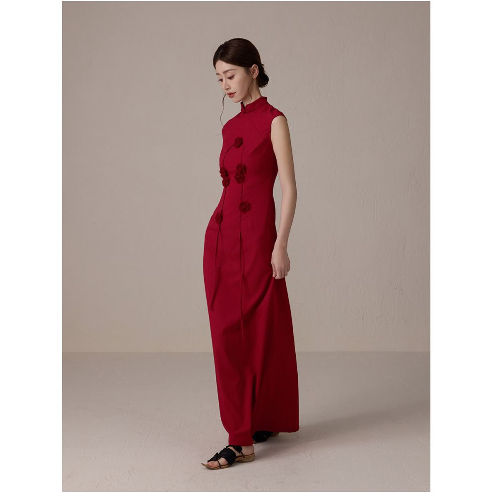 ONMOON Original New Chinese Red Flower Cheongsam Dress 2025 New Chinese Style Pan Button Toast Dress image 3