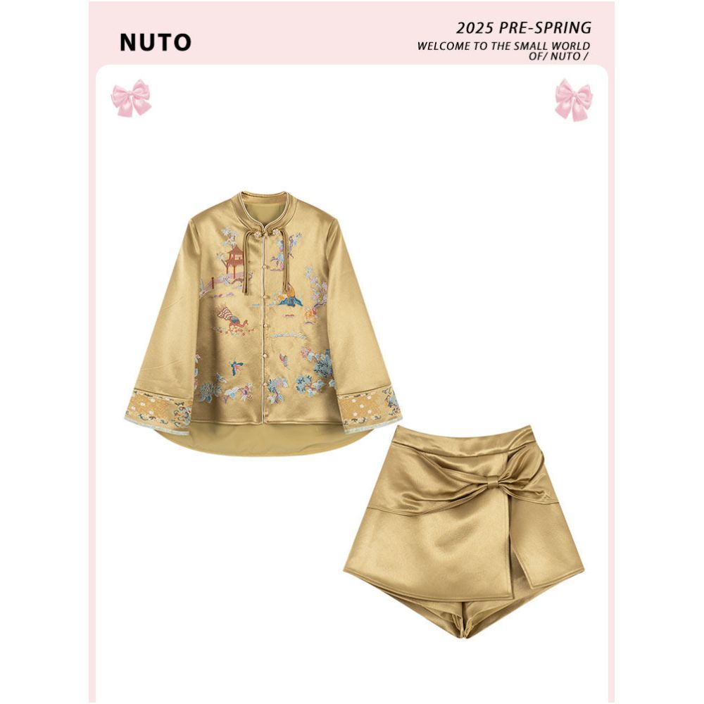 NUTO in stock new Chinese style embroidered vinegar jacket with bow design pants skirt light luxury two piece set for women image 0