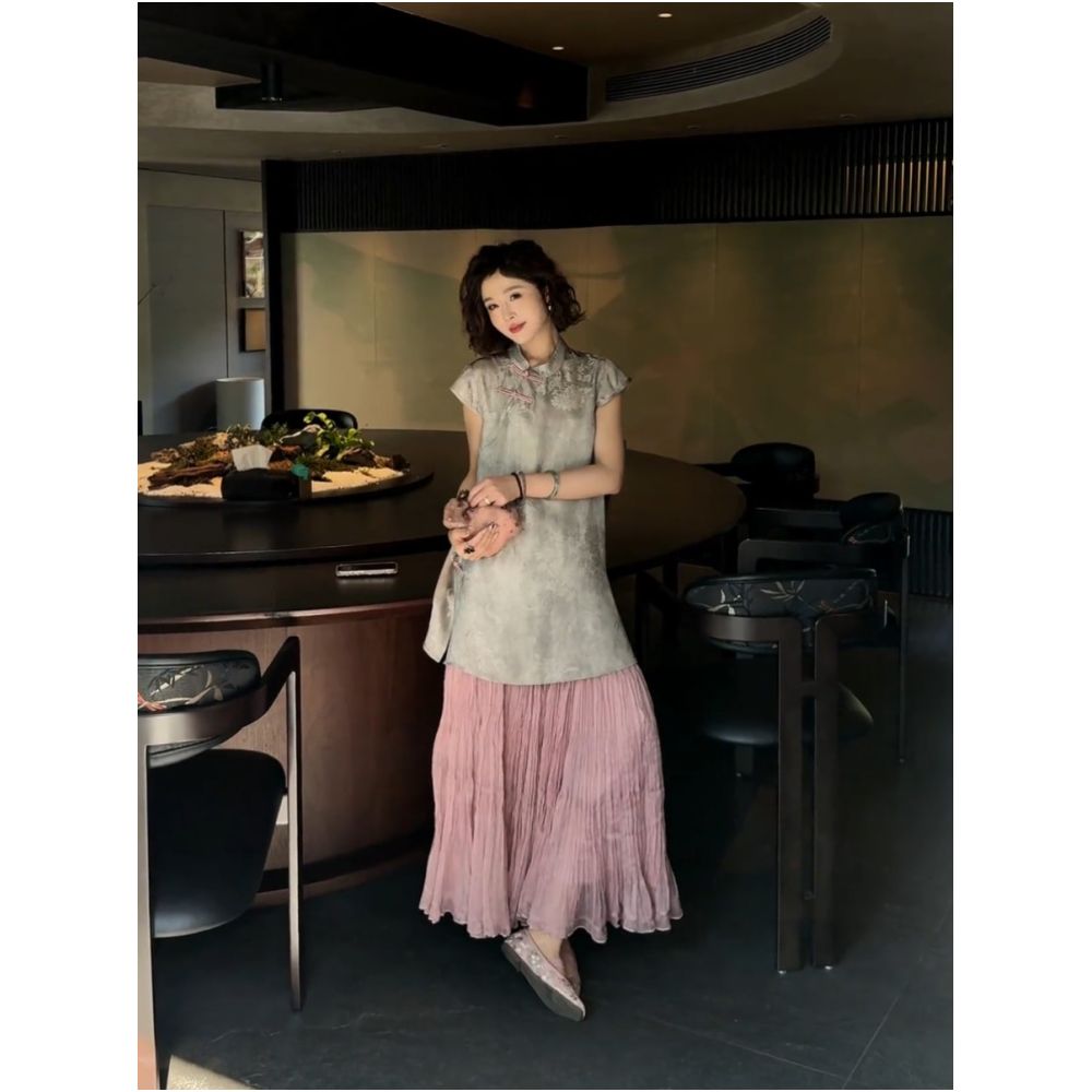 New Chinese style improved slanted button top 2025 summer new loose and slimming versatile skirt set image 0