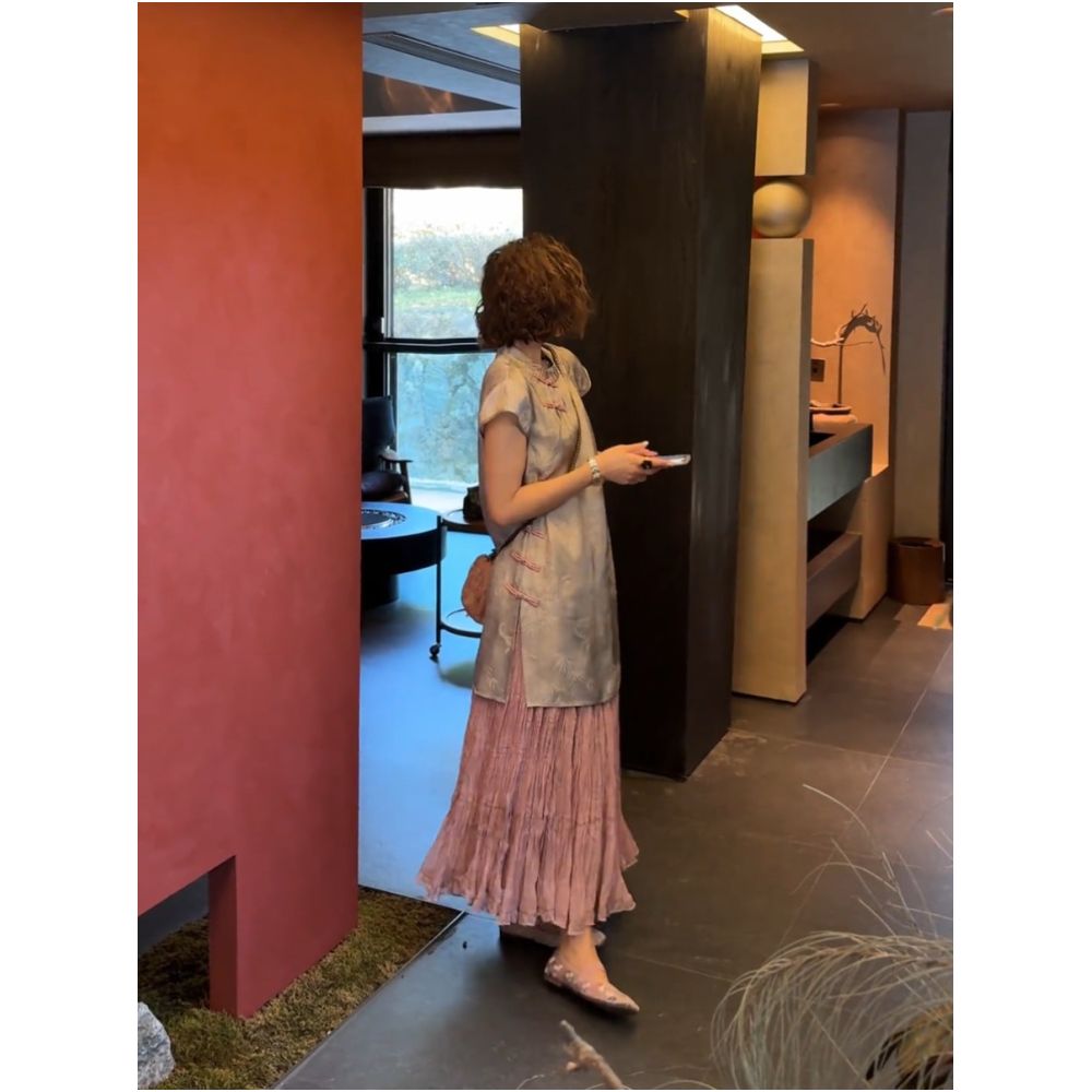 New Chinese style improved slanted button top 2025 summer new loose and slimming versatile skirt set image 1