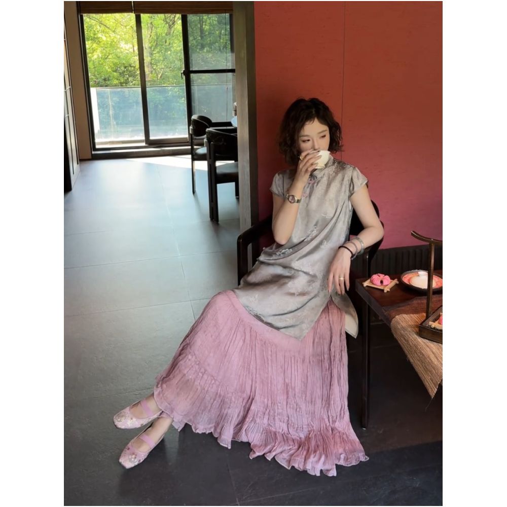 New Chinese style improved slanted button top 2025 summer new loose and slimming versatile skirt set image 3