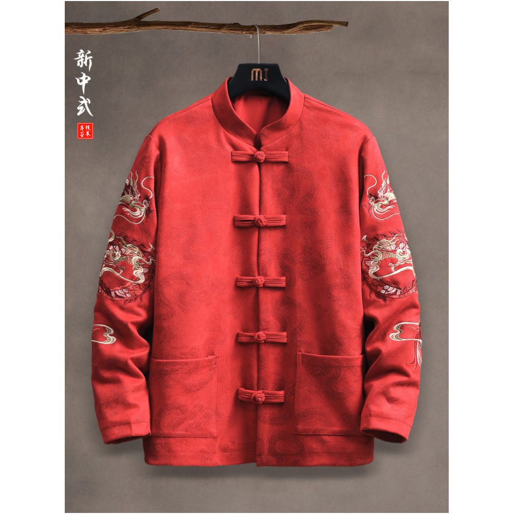 New Chinese style autumn and winter suede embroidered dragon pattern Tang style men s jacket with Chinese style buckle round neck Zhongshan suit jacket image 0