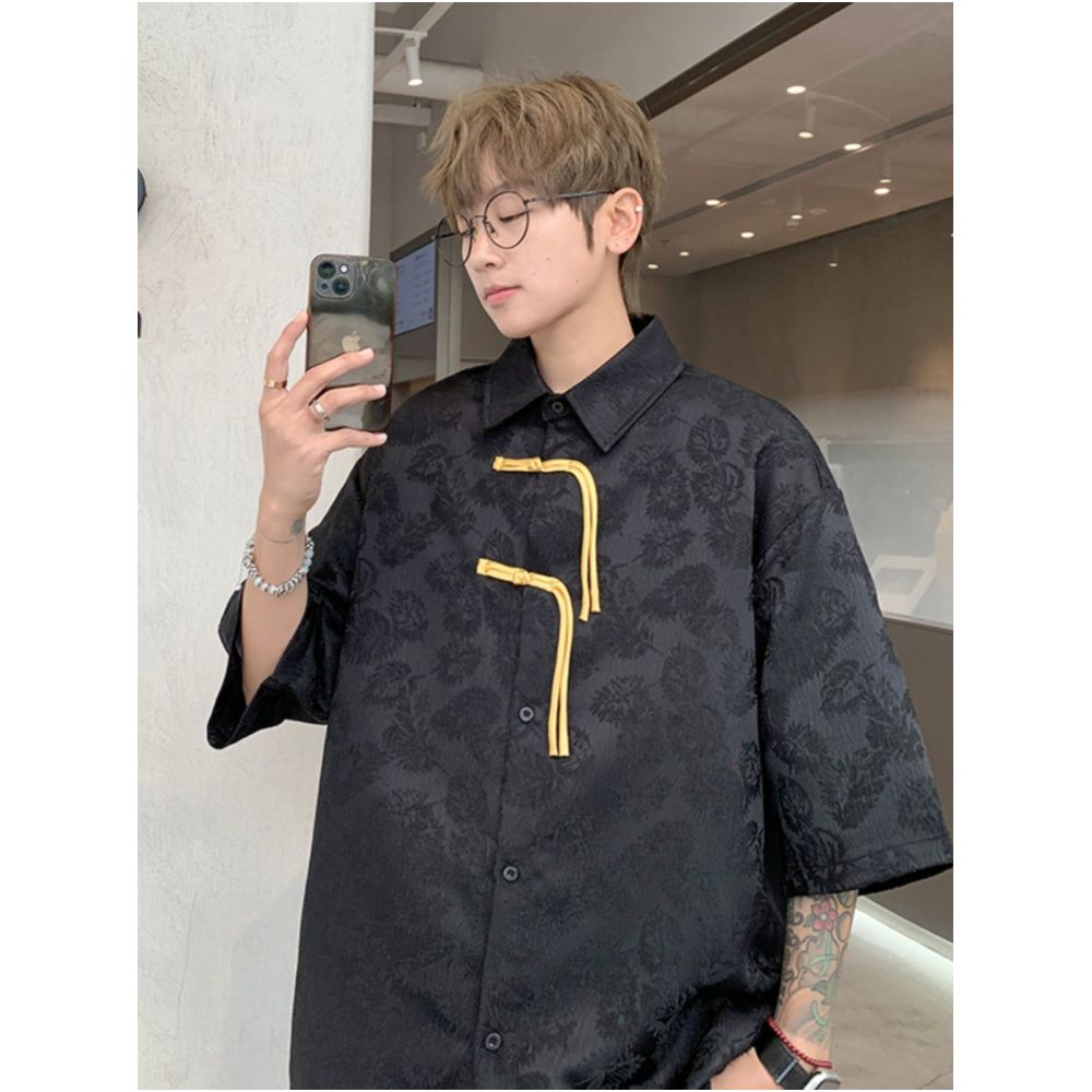 Youth trend new Chinese Tang style men s Chinese style jacquard red short sleeved shirt design sense niche loose jacket image 2