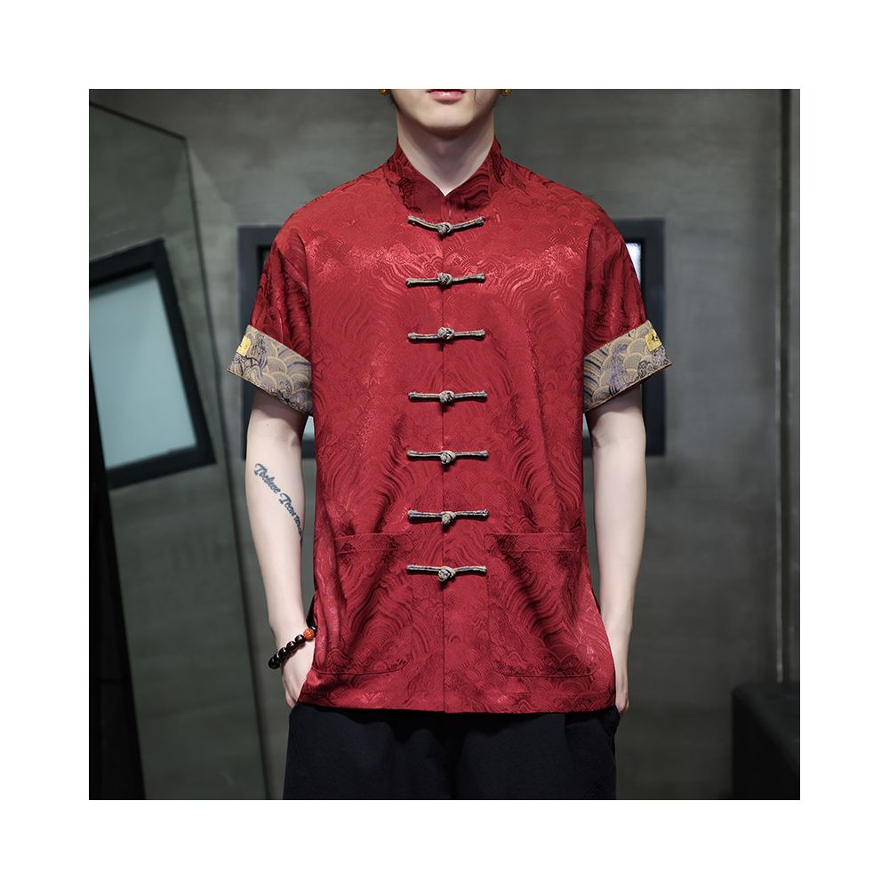 Chinese style retro button down short sleeved shirt summer thin embroidered casual top men s loose fit plus size stand up collar tea jacket image 0