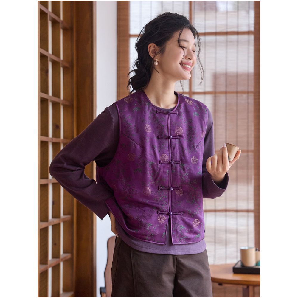 Phietang silk woven brocade red cloud yarn versatile round neck women s retro Chinese loose buckle ponytail cotton jacket image 0