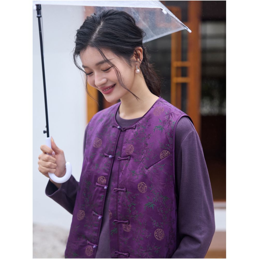 Phietang silk woven brocade red cloud yarn versatile round neck women s retro Chinese loose buckle ponytail cotton jacket image 1