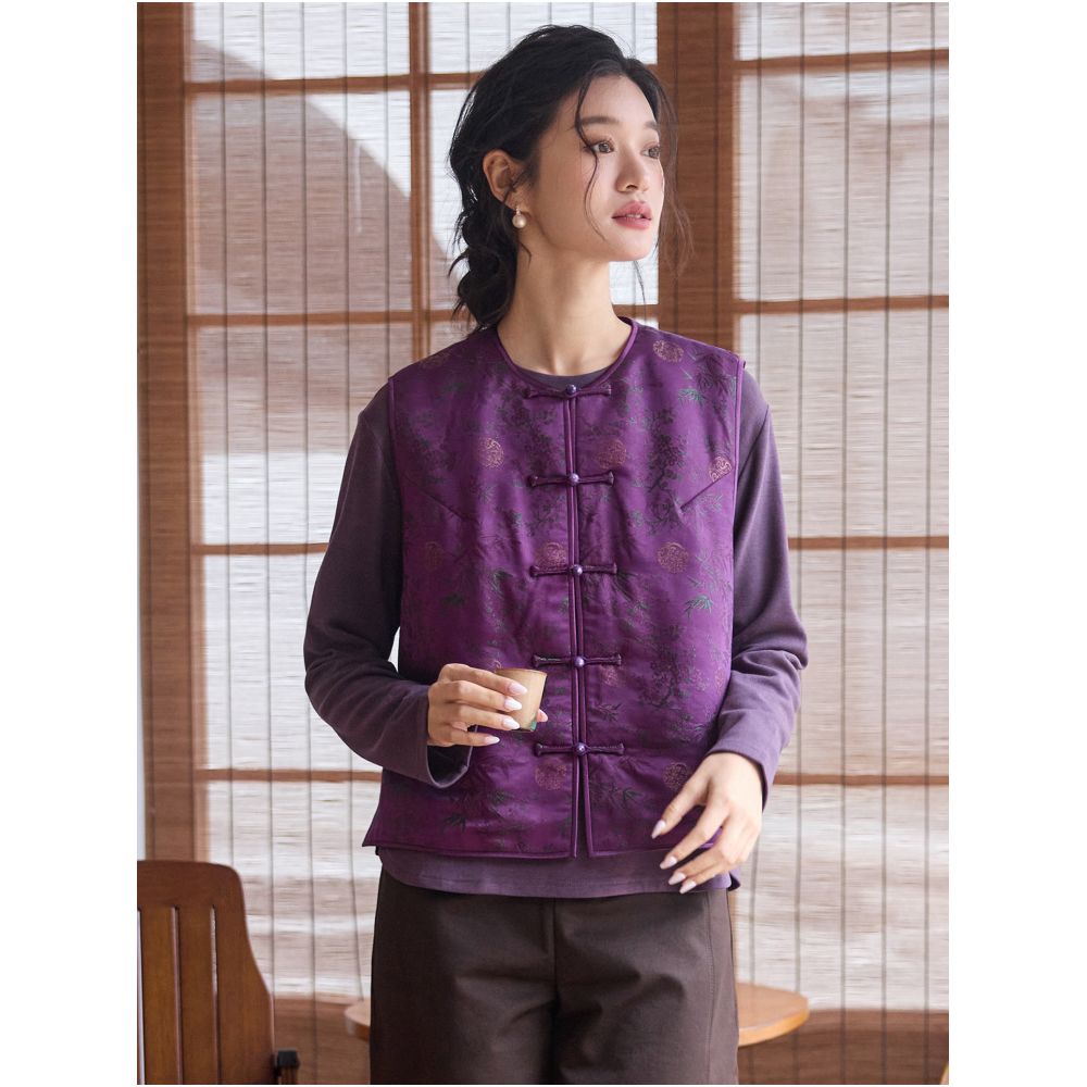 Phietang silk woven brocade red cloud yarn versatile round neck women s retro Chinese loose buckle ponytail cotton jacket image 3