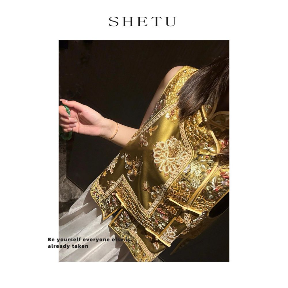 New Chinese style retro Zen style acetate gold sleeveless Tang style top for women in summer new heavy industry embroidered vest jacket image 0