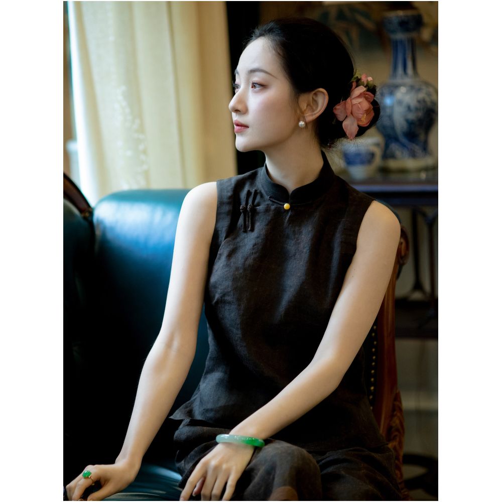 South Wind Summer Shadow 2025 Summer New Style Ramie Fragrant Cloud Yarn New Chinese style Full Open Collar Slimming Sleeveless Short Top image 0