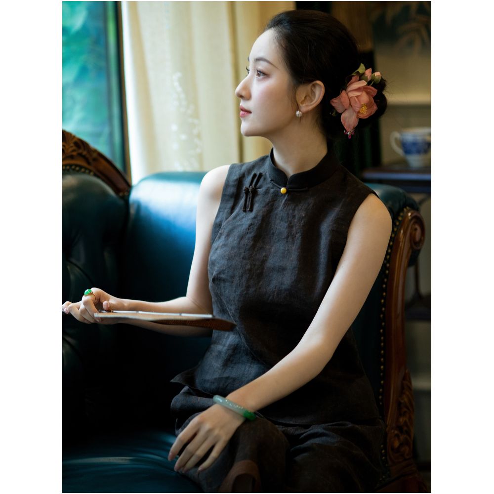 South Wind Summer Shadow 2025 Summer New Style Ramie Fragrant Cloud Yarn New Chinese style Full Open Collar Slimming Sleeveless Short Top image 1