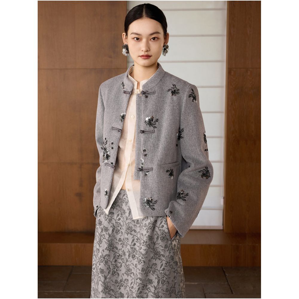 Ruyi Lianyun Bailu Winter Edition Bead Embroidered Standing Collar Woolen Cotton Jacket Women s New Chinese Style Cotton Jacket image 0