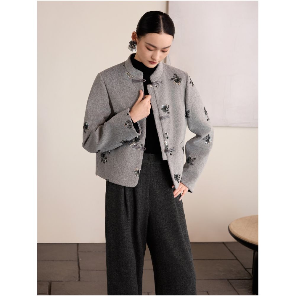 Ruyi Lianyun Bailu Winter Edition Bead Embroidered Standing Collar Woolen Cotton Jacket Women s New Chinese Style Cotton Jacket image 1