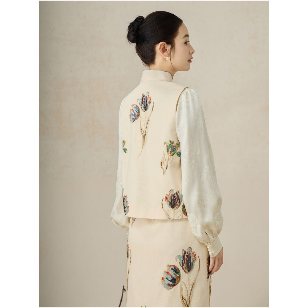 SHIBAI White Tulip New Chinese Pearl Embroidery Unique and Beautiful Temperament Chinese Style Sleeveless Vest Half Skirt Set image 1