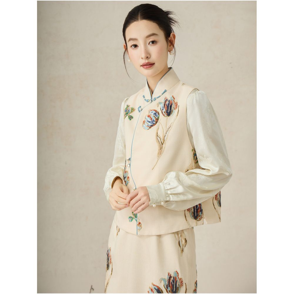 SHIBAI White Tulip New Chinese Pearl Embroidery Unique and Beautiful Temperament Chinese Style Sleeveless Vest Half Skirt Set image 2
