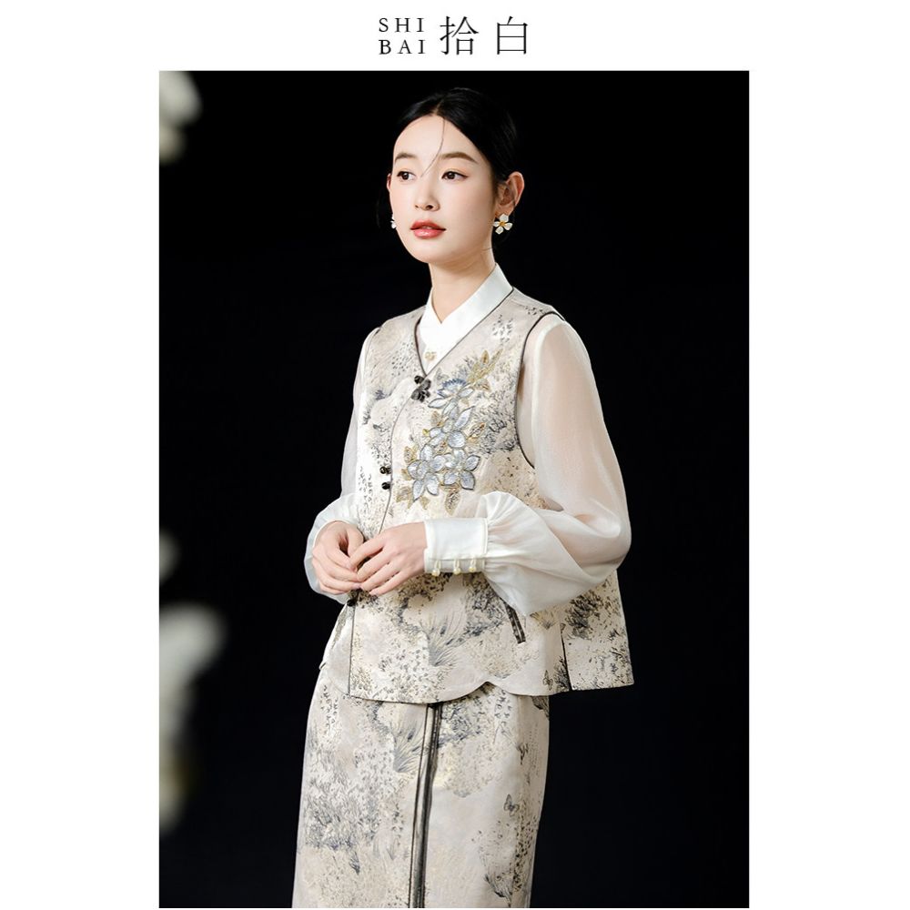 SHIBAI s collection of white oriental ink painting Chinese style high luxury and noble atmosphere new Chinese style layered sleeveless embroidery short vest image 0
