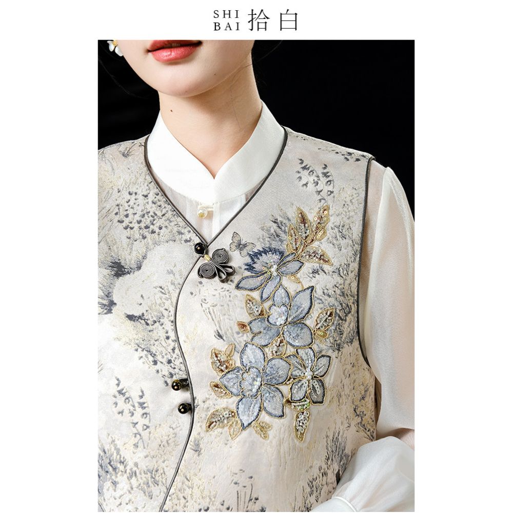 SHIBAI s collection of white oriental ink painting Chinese style high luxury and noble atmosphere new Chinese style layered sleeveless embroidery short vest image 1