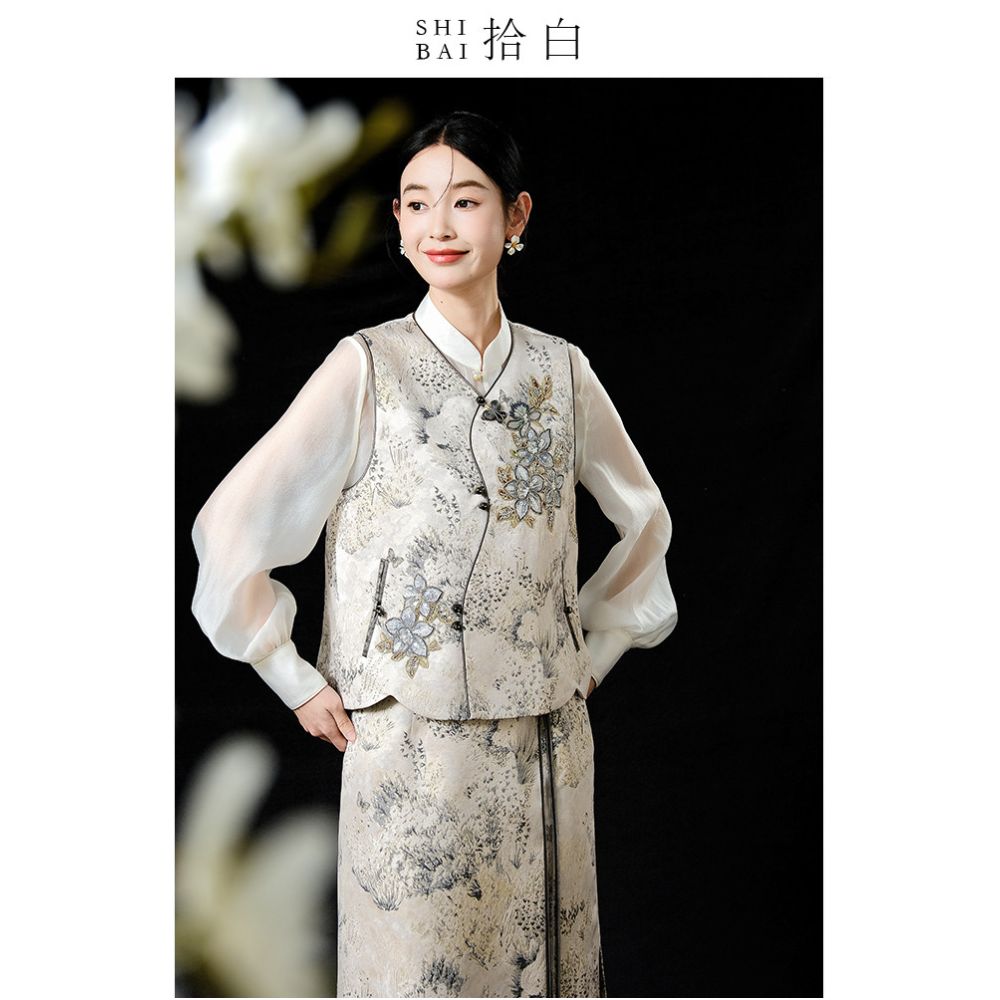SHIBAI s collection of white oriental ink painting Chinese style high luxury and noble atmosphere new Chinese style layered sleeveless embroidery short vest image 2