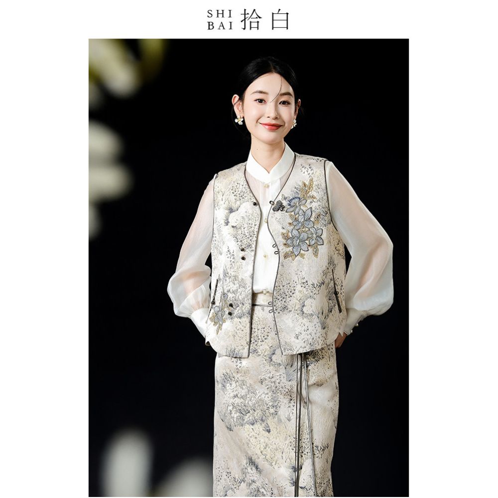 SHIBAI s collection of white oriental ink painting Chinese style high luxury and noble atmosphere new Chinese style layered sleeveless embroidery short vest image 4
