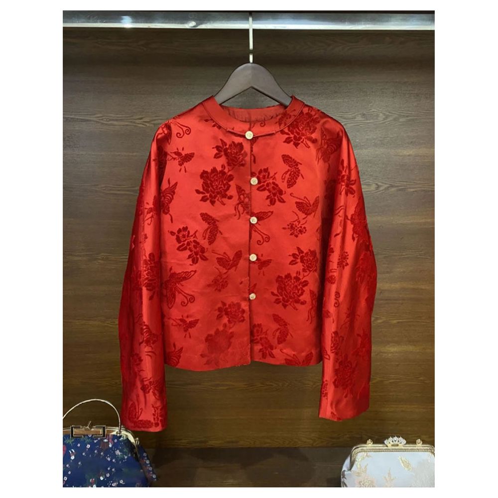 ASAYA5648 – Crimson Jacquard Mandarin Top 🌺❤️