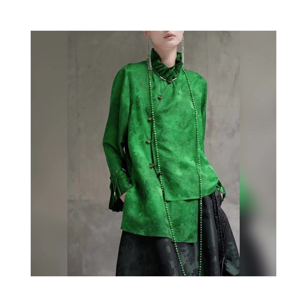 Autumn New Green New Chinese Retro Stand up Collar Long Sleeve Diagonal Collar Pan Buckle Chinese Style 2025 Fashion Beauty Top image 1