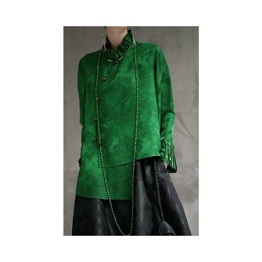 Autumn New Green New Chinese Retro Stand up Collar Long Sleeve Diagonal Collar Pan Buckle Chinese Style 2025 Fashion Beauty Top image 4