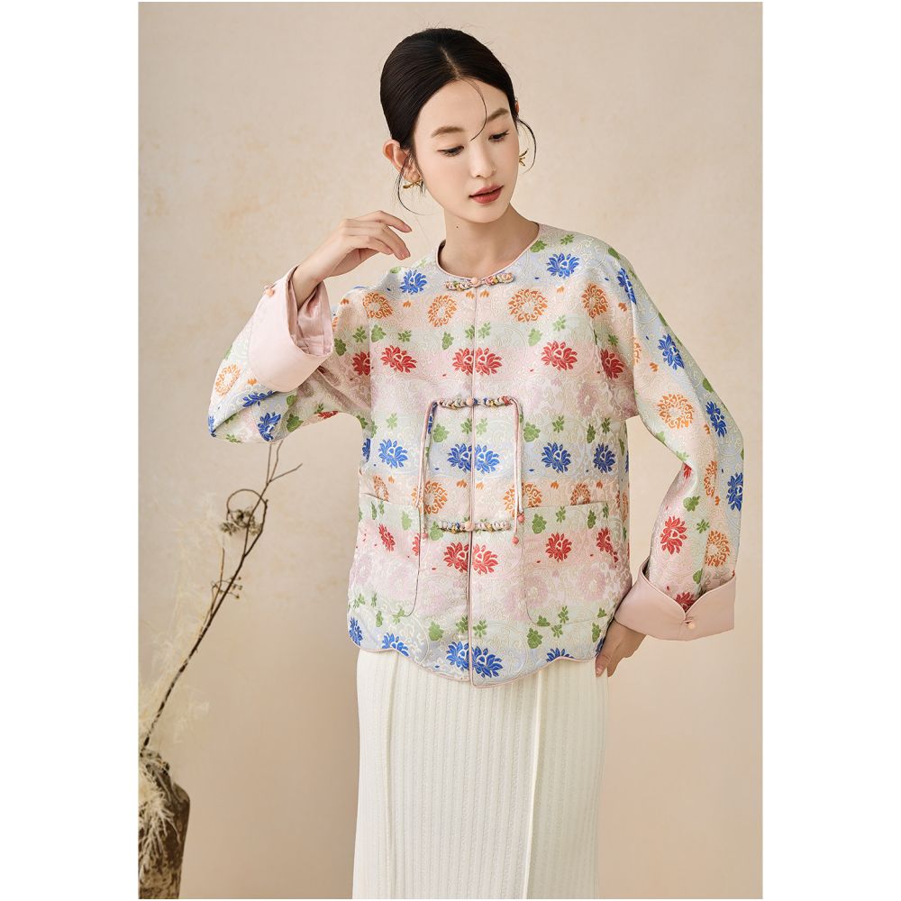 SHIBAI picked up white entwined lotus imitating Song Jinxin Chinese style buttoned jacquard jacket improved Tang style women s top image 1