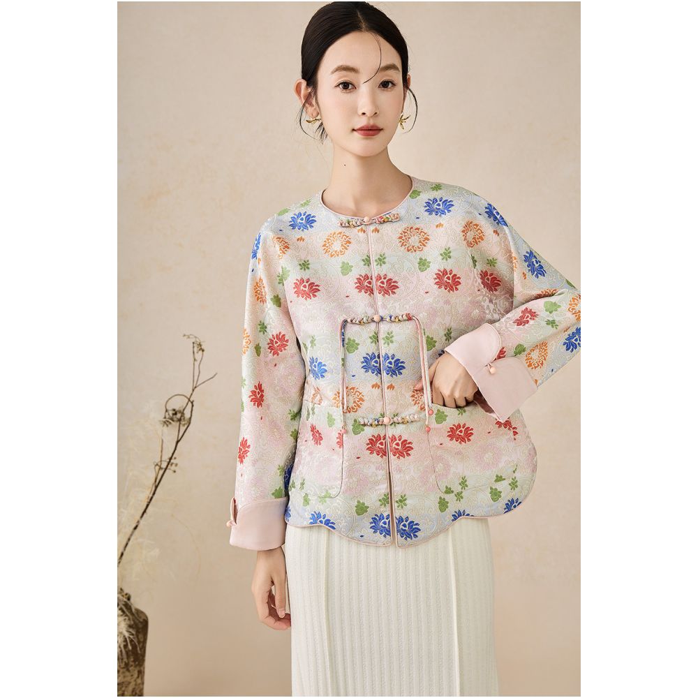 SHIBAI picked up white entwined lotus imitating Song Jinxin Chinese style buttoned jacquard jacket improved Tang style women s top image 3