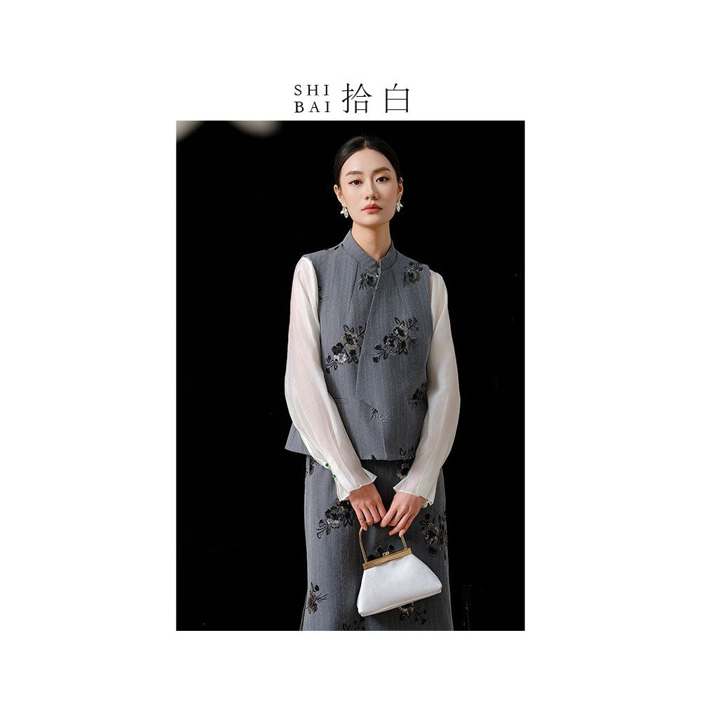 SHIBAI Shibaiyuan Innovative Chinese Set with Chinese Style Heavy Industry Embroidery Retro Fashion Commuter Daily Vest Half Skirt image 3
