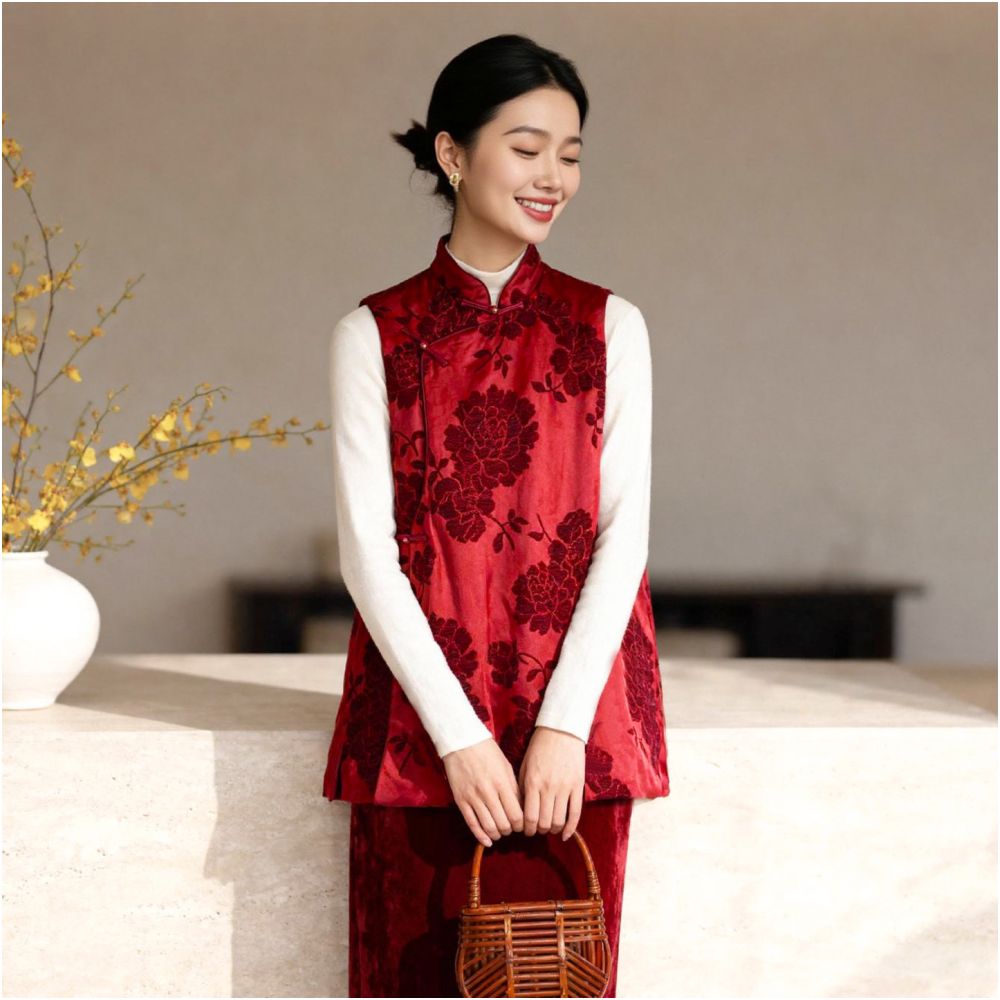 Red modified Zhangrong jacquard new Chinese style vest women s standing collar unique slanted collar jade buckle light Chinese style top image 0