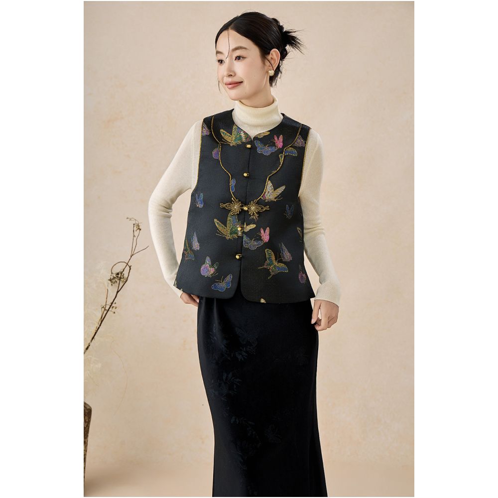 SHIBAI White Original Satin New Chinese Spring and Autumn New Style Weaving Brocade Jacquard Black National Style Pan Buckle Women s Horseclip image 2