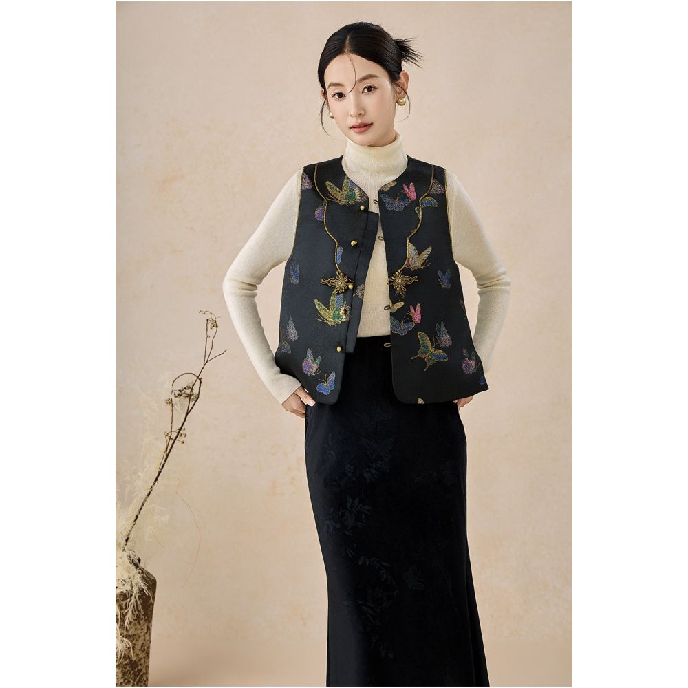 SHIBAI White Original Satin New Chinese Spring and Autumn New Style Weaving Brocade Jacquard Black National Style Pan Buckle Women s Horseclip image 4