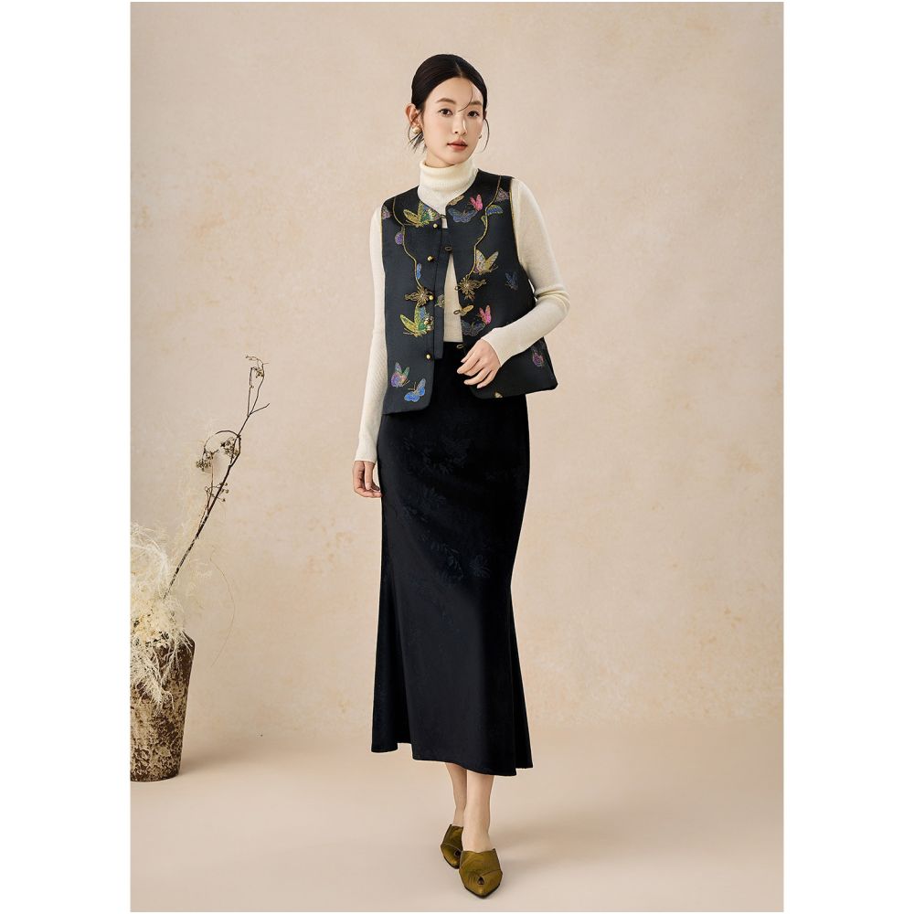 SHIBAI White Original Satin New Chinese Spring and Autumn New Style Weaving Brocade Jacquard Black National Style Pan Buckle Women s Horseclip image 0