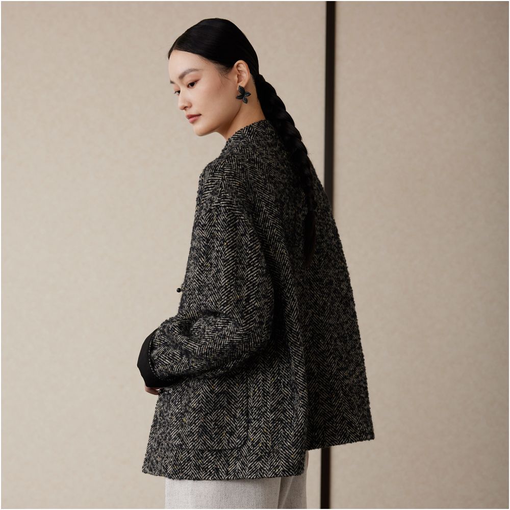Ruyi Lianyun Maple Sleep Winter Clothing New Herringbone Pattern Stand up Collar Woolen Coat Women s New Chinese style Pan Button Short Coat image 2