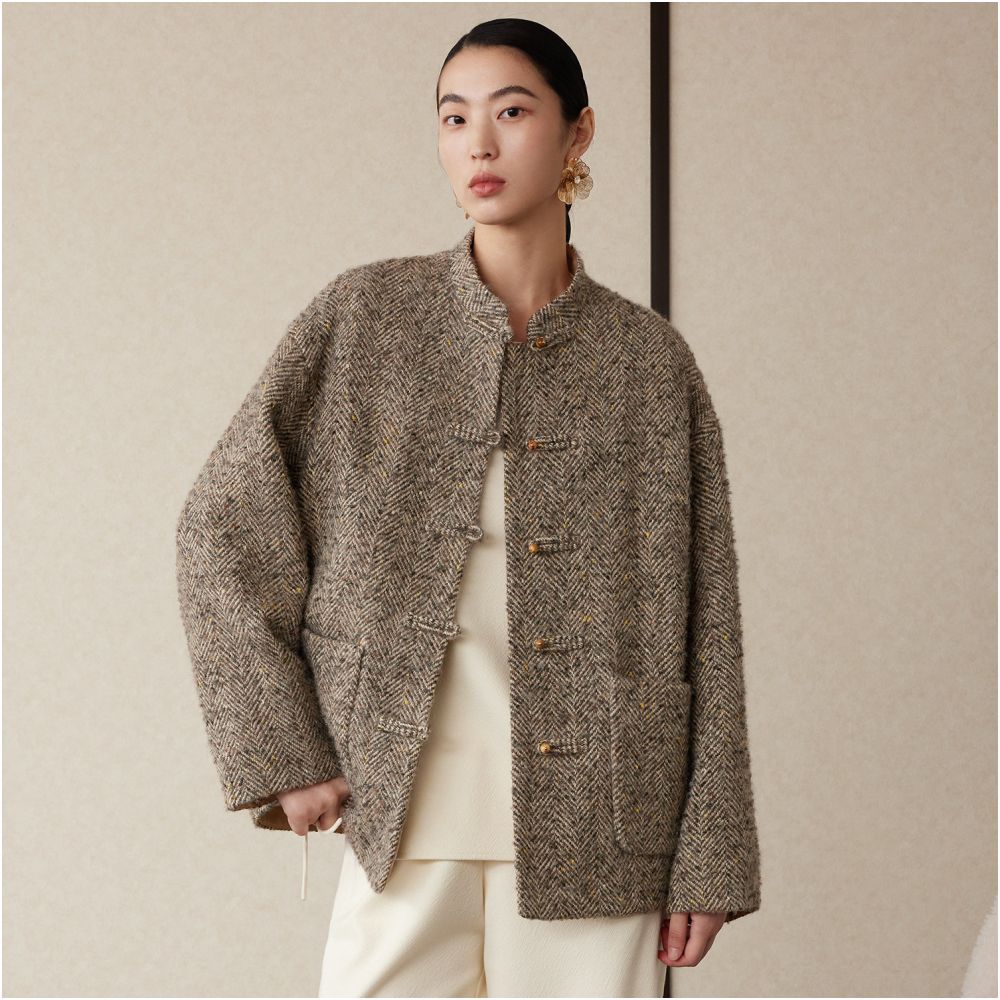 Ruyi Lianyun Maple Sleep Winter Clothing New Herringbone Pattern Stand up Collar Woolen Coat Women s New Chinese style Pan Button Short Coat image 0