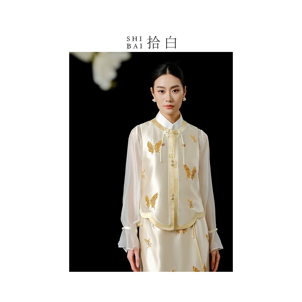 SHIBAI White Original Innovative Chinese Top Spring Summer New Style Acetate Butterfly Elegant Daily Heavy Industry Bead Embroidered Vest image 1