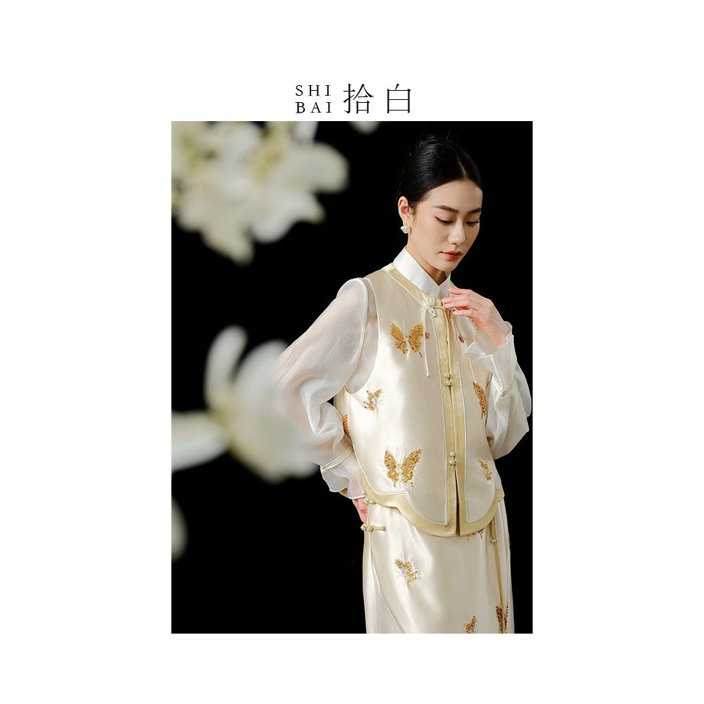 SHIBAI White Original Innovative Chinese Top Spring Summer New Style Acetate Butterfly Elegant Daily Heavy Industry Bead Embroidered Vest image 2