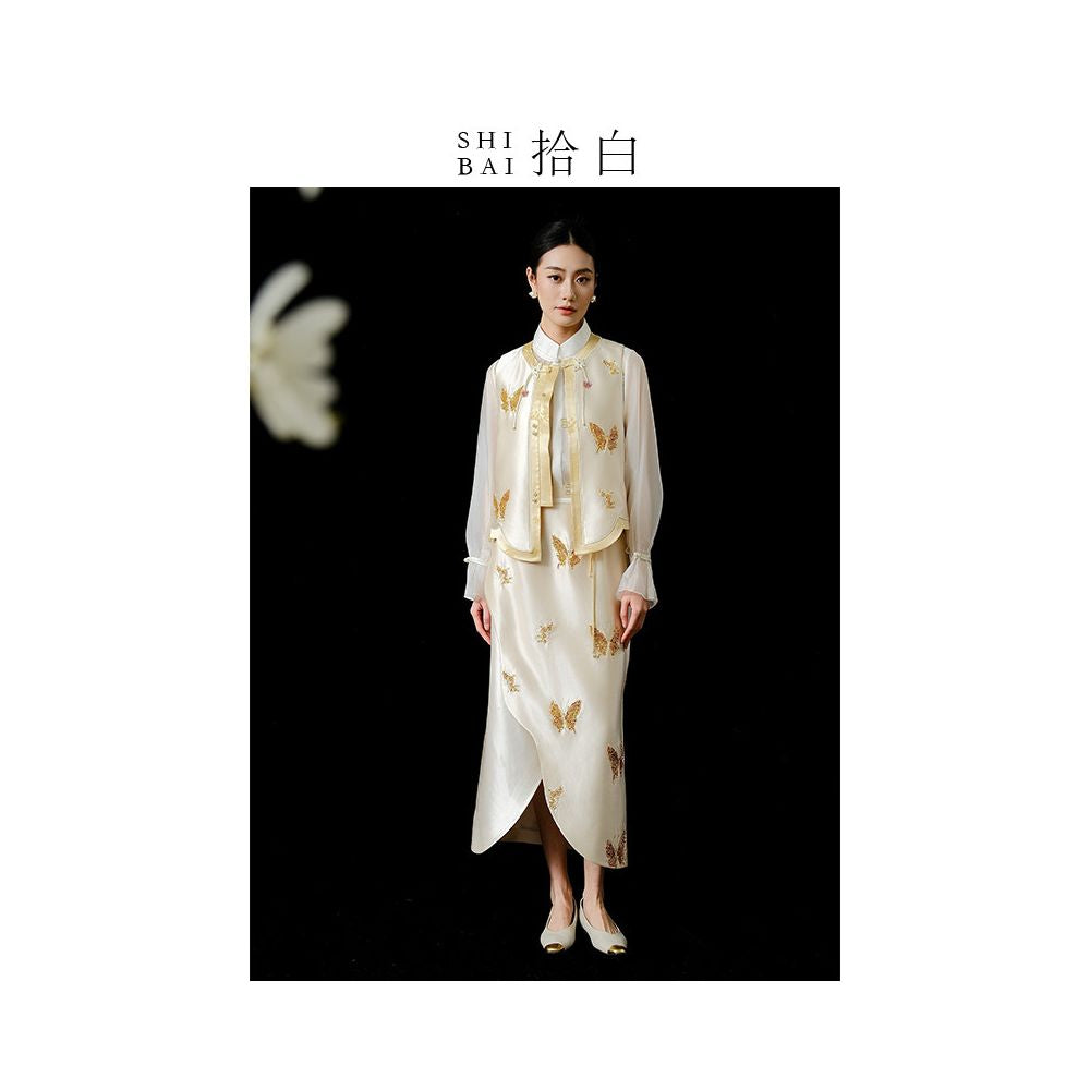 SHIBAI White Original Innovative Chinese Top Spring Summer New Style Acetate Butterfly Elegant Daily Heavy Industry Bead Embroidered Vest image 3