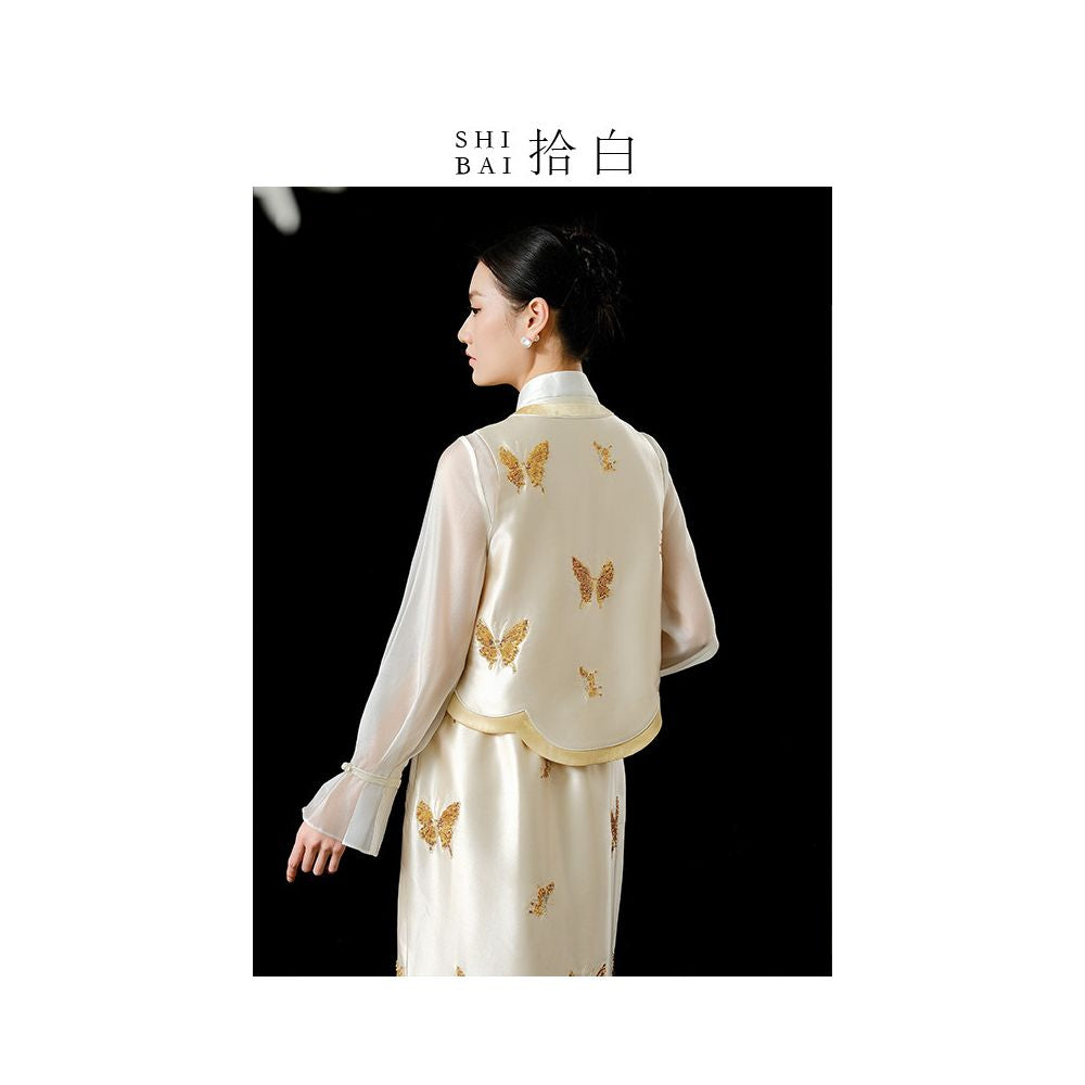 SHIBAI White Original Innovative Chinese Top Spring Summer New Style Acetate Butterfly Elegant Daily Heavy Industry Bead Embroidered Vest image 4