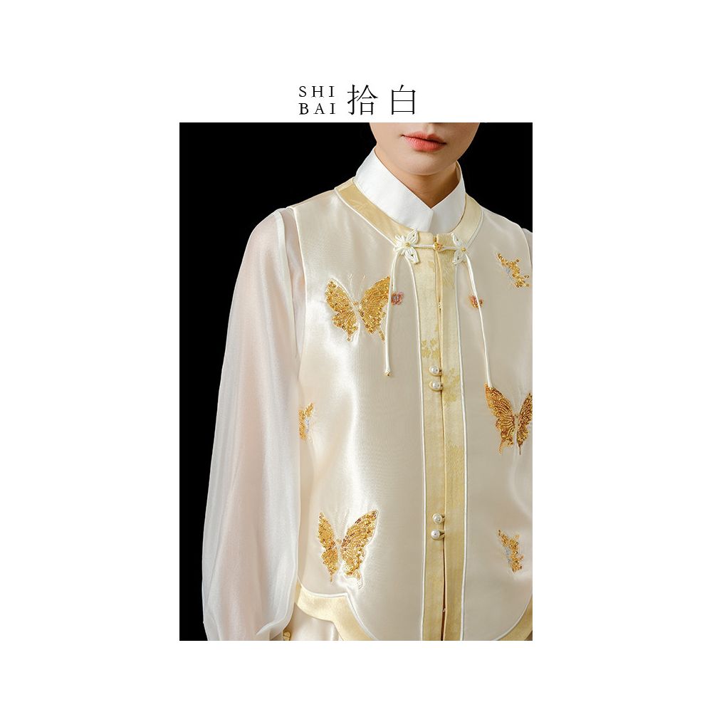 SHIBAI White Original Innovative Chinese Top Spring Summer New Style Acetate Butterfly Elegant Daily Heavy Industry Bead Embroidered Vest image 5