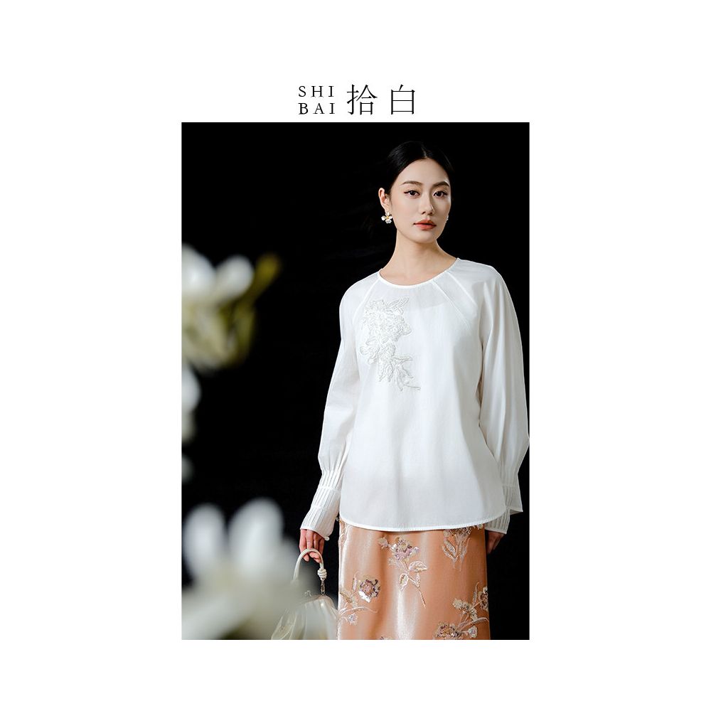 SHIBAI White Round Neck Loose Tencel Cotton Bead Embroidery Original New Chinese Long Sleeve Commuter Versatile White Top image 2