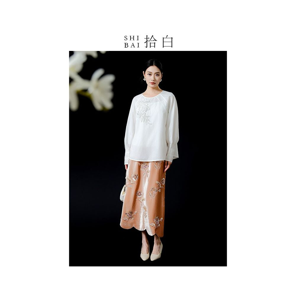 SHIBAI White Round Neck Loose Tencel Cotton Bead Embroidery Original New Chinese Long Sleeve Commuter Versatile White Top image 3