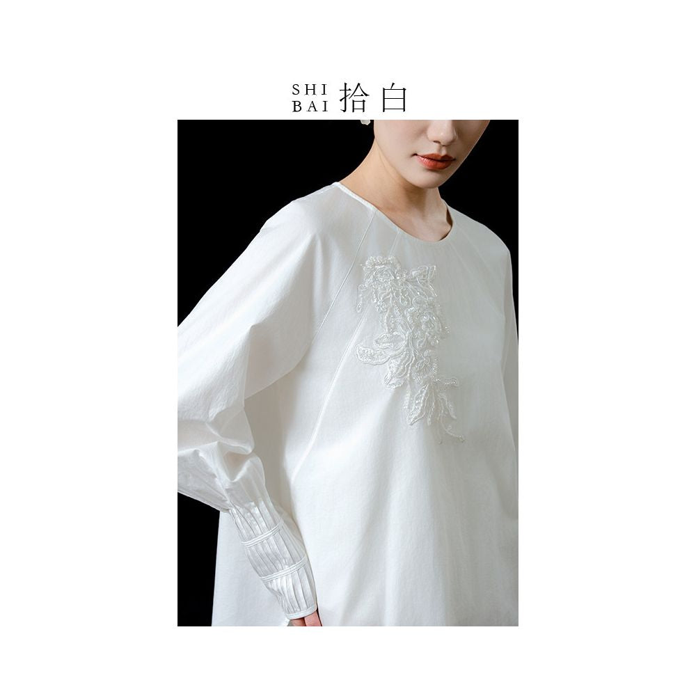 SHIBAI White Round Neck Loose Tencel Cotton Bead Embroidery Original New Chinese Long Sleeve Commuter Versatile White Top image 5