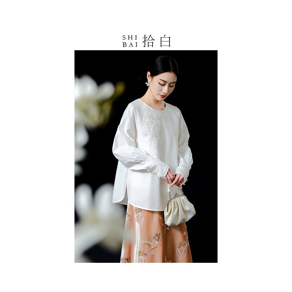 SHIBAI White Round Neck Loose Tencel Cotton Bead Embroidery Original New Chinese Long Sleeve Commuter Versatile White Top image 0