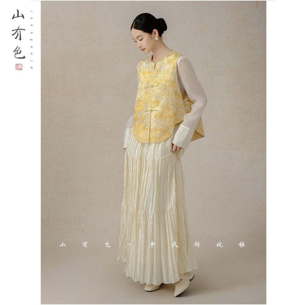 Mountain colored gold thread 2025 autumn women s new Chinese light style silk embroidery vest jacquard round neck shoulder image 3