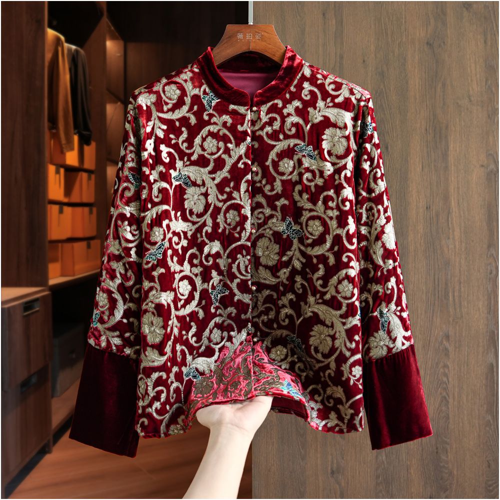 Original Design Light Luxury Jacquard Silk Velvet Coat Women s Long Sleeve Loose Chinese Style New Chinese Tang Style Pan Button Top image 0