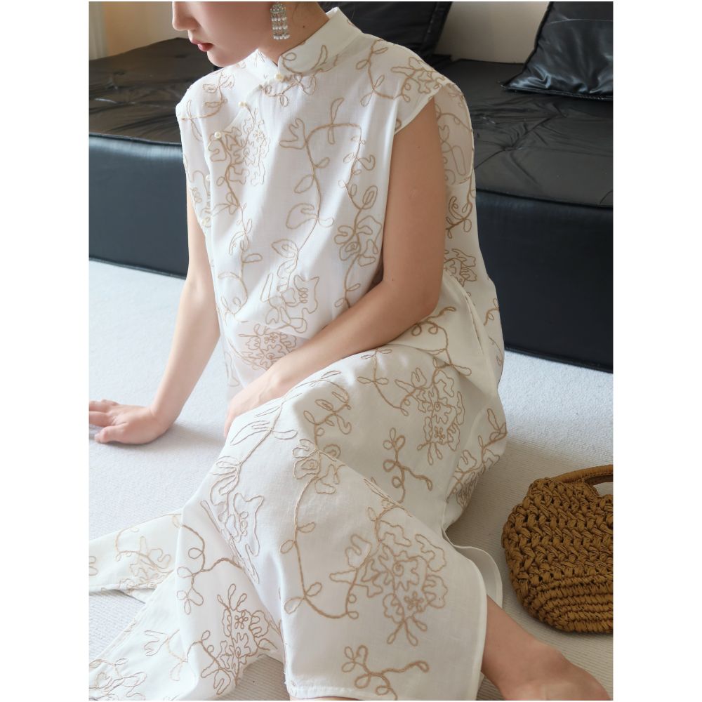 TAORAN Women s New Chinese style Improved Cheongsam Dress for Women Suitable for Daily Use Young Embroidered Skirt Medium length Skirt image 2