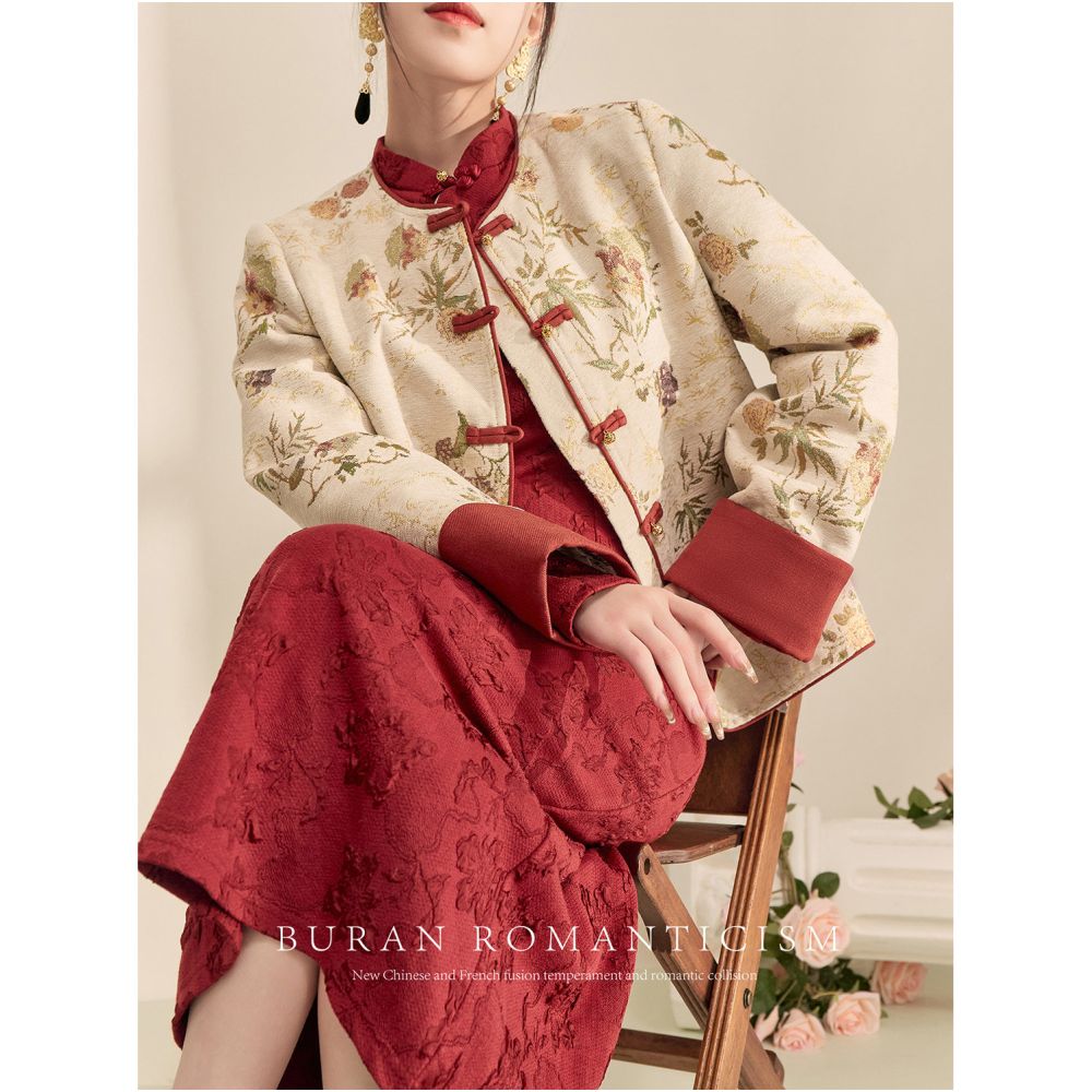 Set of autumn and winter red retro Chinese style new Chinese women s clothing buckle jacket jacquard qipao dress New Year s battle robe image 1
