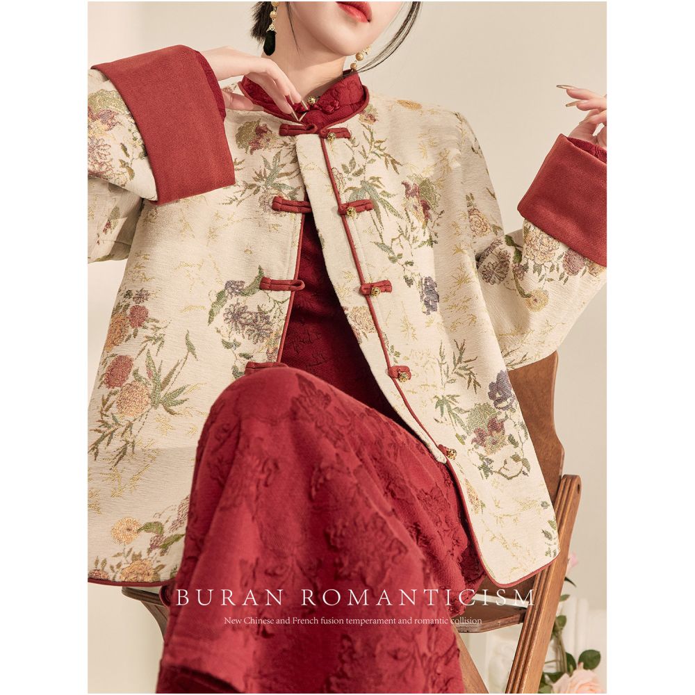 Set of autumn and winter red retro Chinese style new Chinese women s clothing buckle jacket jacquard qipao dress New Year s battle robe image 2