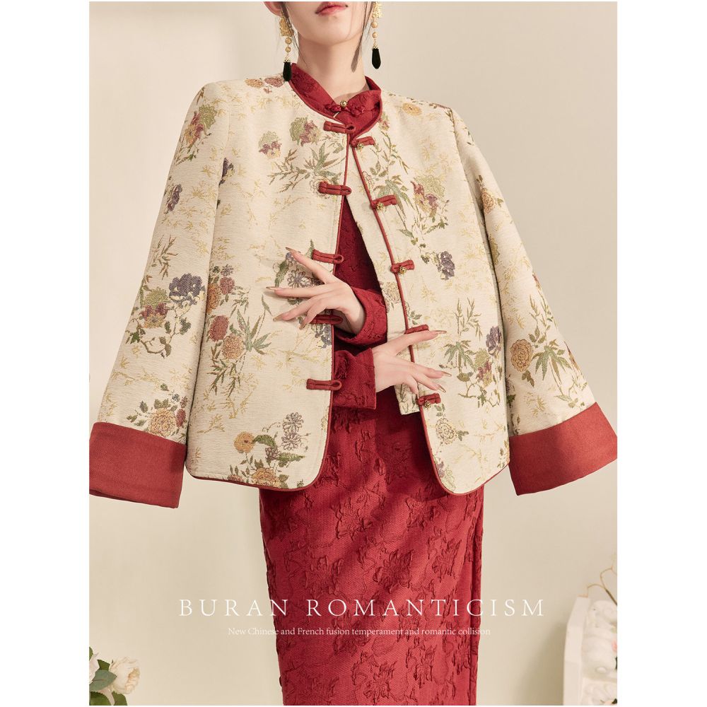 Set of autumn and winter red retro Chinese style new Chinese women s clothing buckle jacket jacquard qipao dress New Year s battle robe image 3