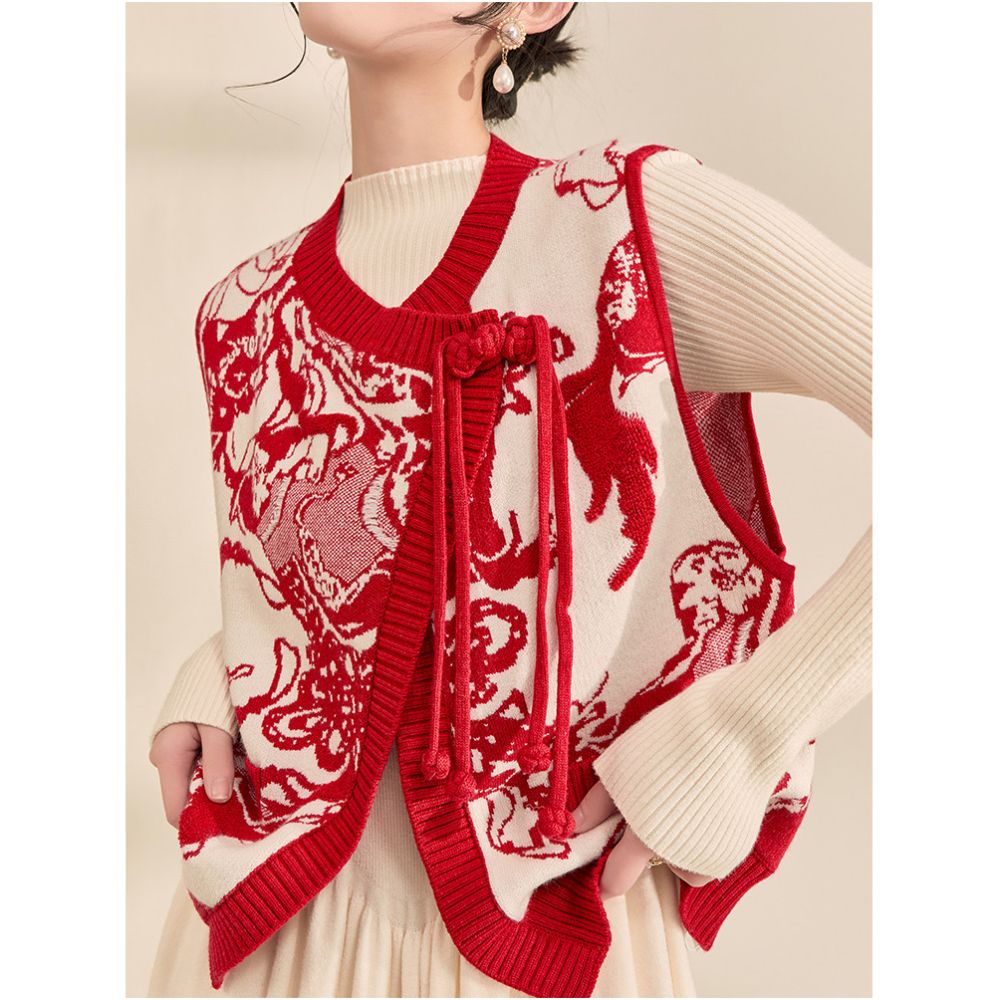 Money is coming soon New Year s battle robe vest autumn and winter styles Chinese style red new Chinese style knitted sweater vest top layered image 3